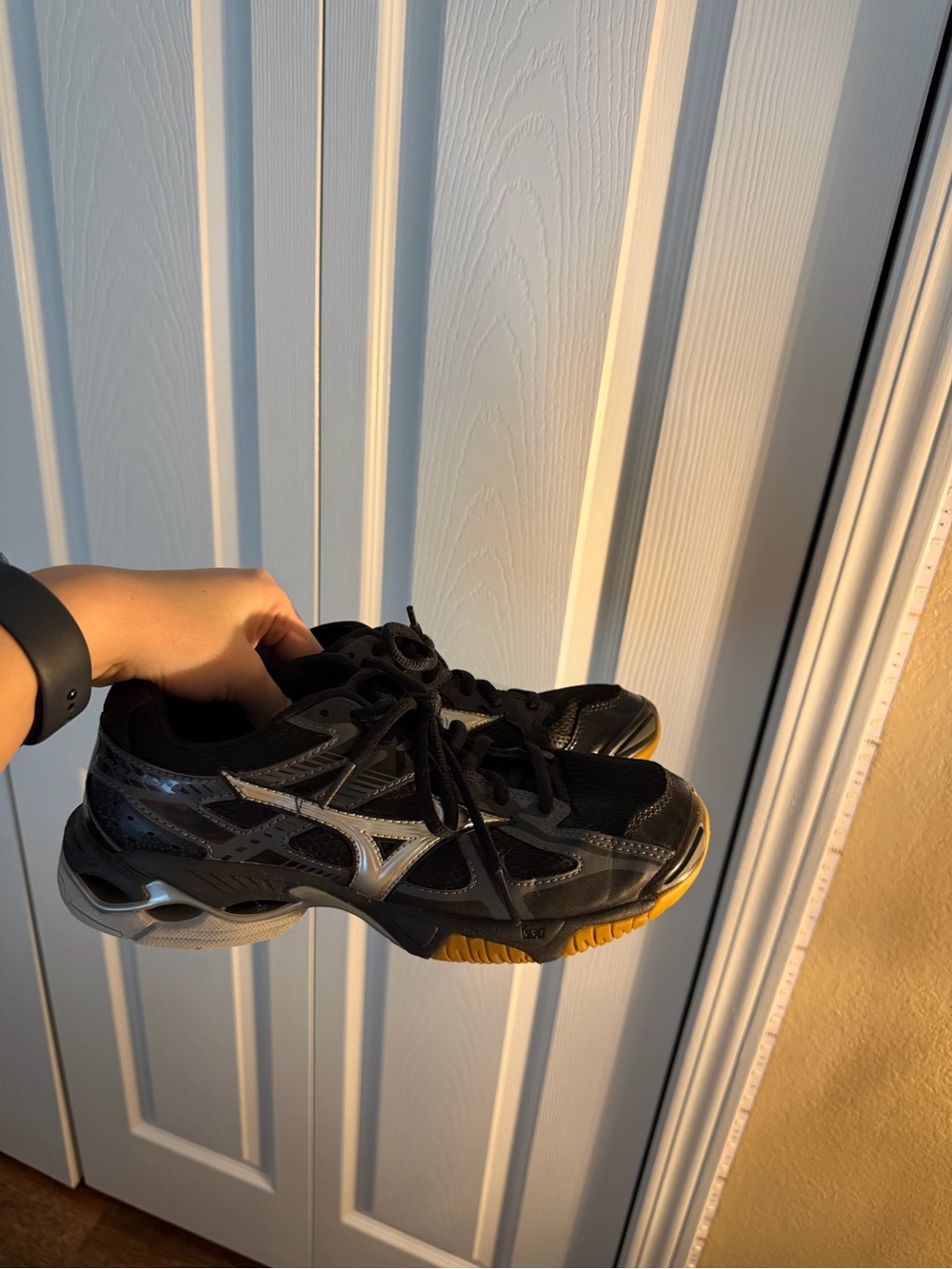 Mizuno Women's Black Athletic Sneakers with Silver Logo and Yellow Outsole